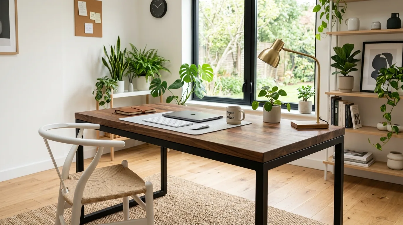 A DIY butcher block desk with black metal legs and a warm wood top, no people