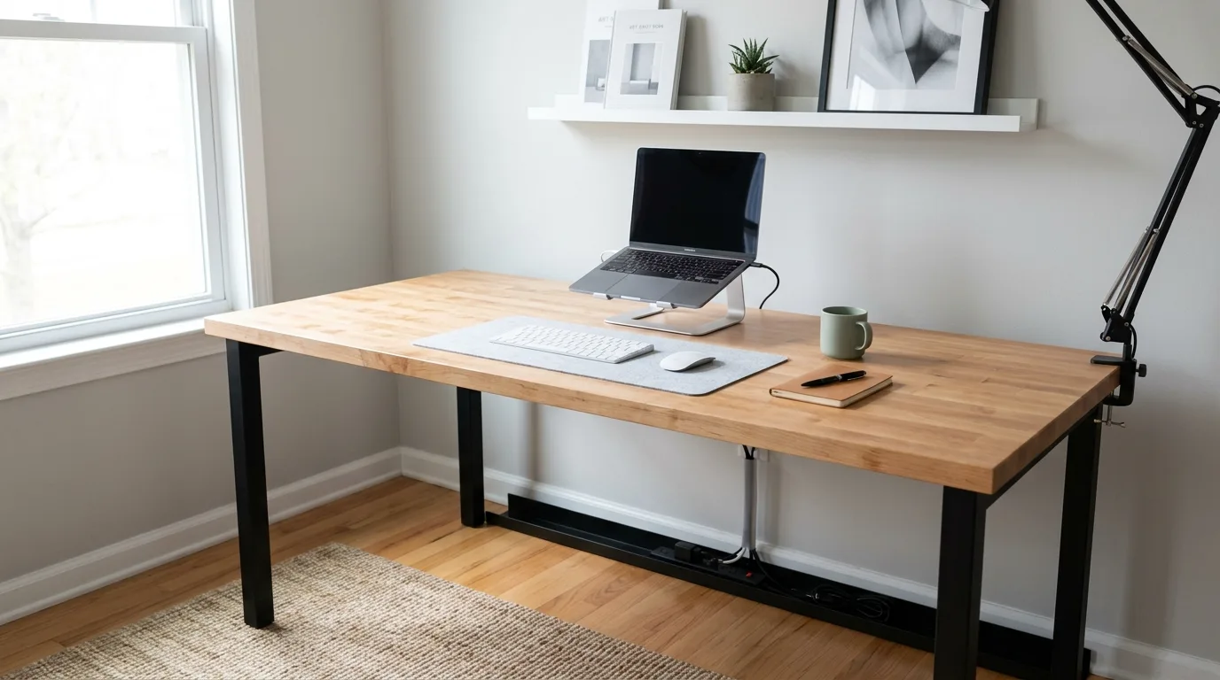 A corner DIY butcher block desk with a continuous wood grain surface, no people