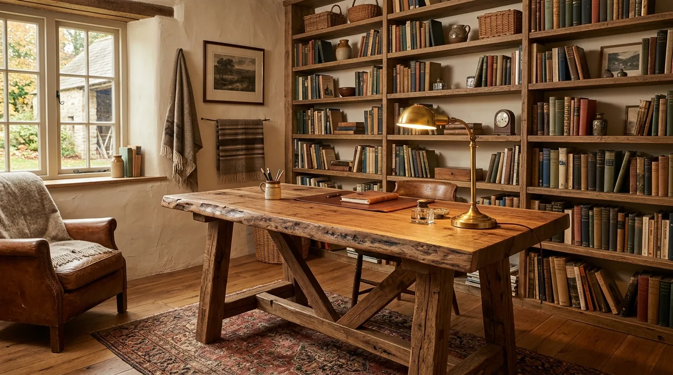 A compact DIY butcher block writing desk with a natural oil finish, no people