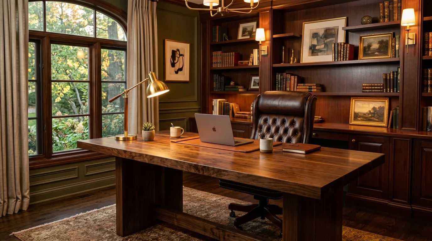 A two person DIY butcher block desk with a center drawer bank, no people