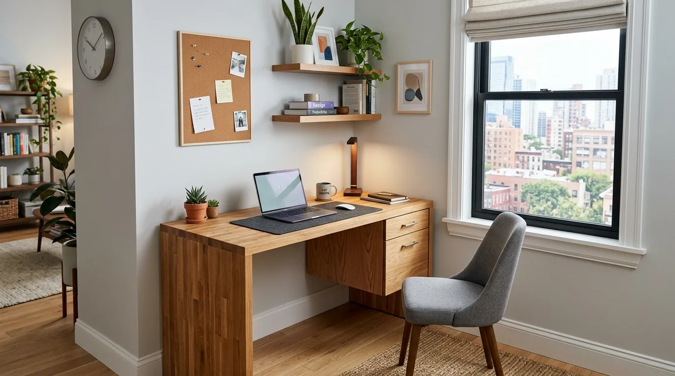 A bright office with a DIY butcher block desk on a white base, no people