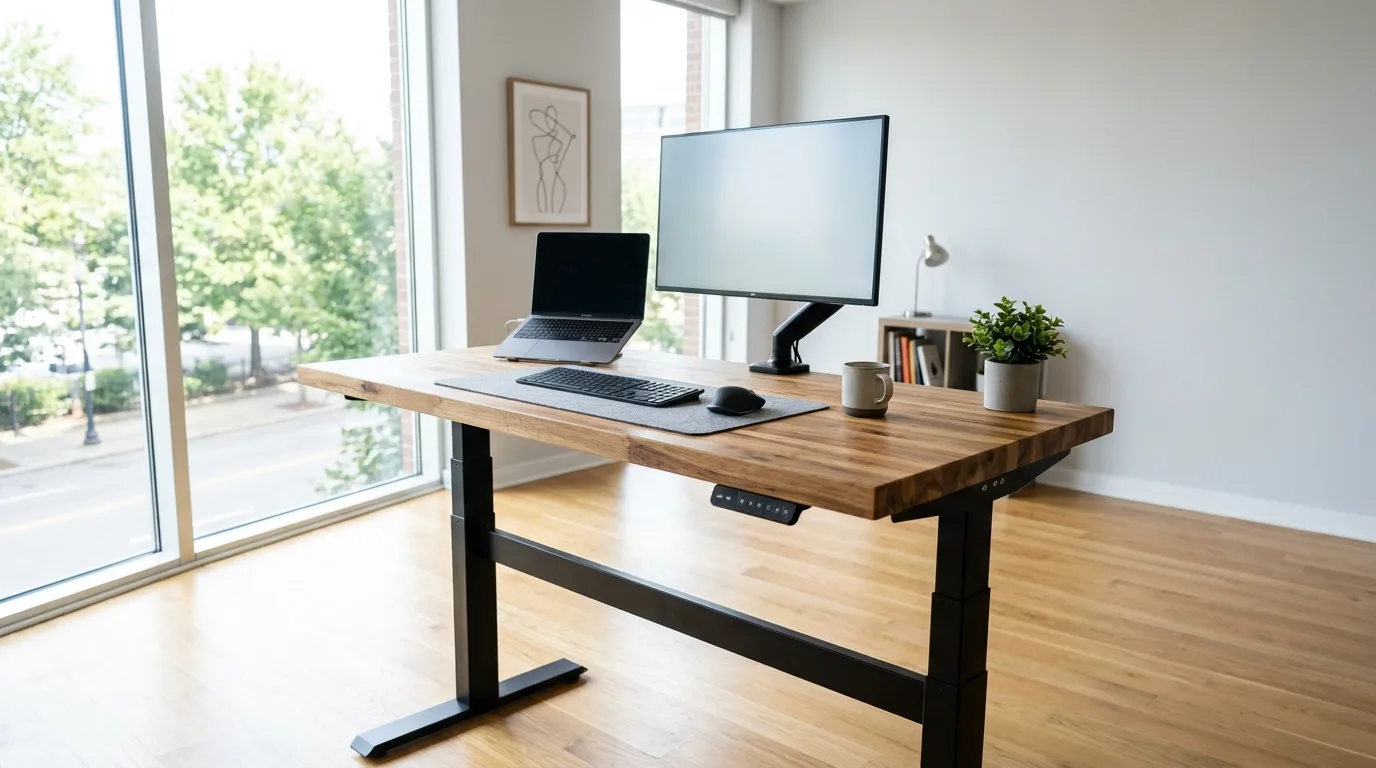 A DIY standing desk with a butcher block top and built in shelves, no people
