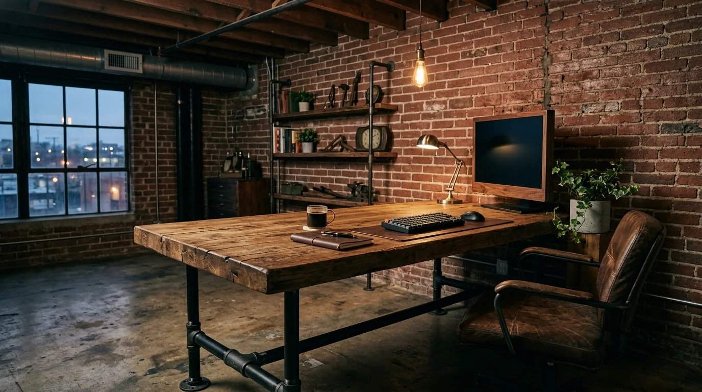 A mid century inspired DIY butcher block desk with tapered legs, no people
