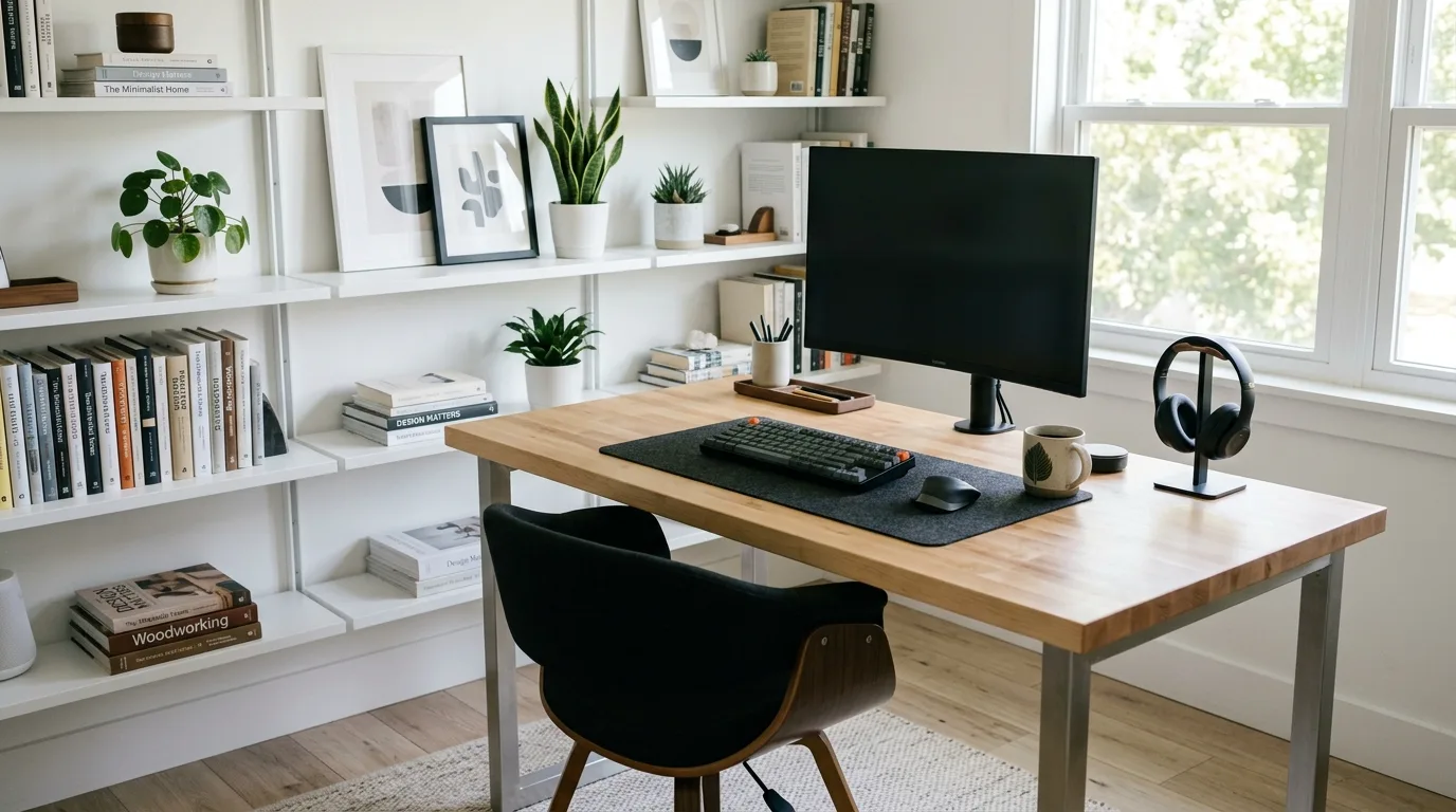 A built in nook DIY butcher block desk with an upper pinboard wall, no people