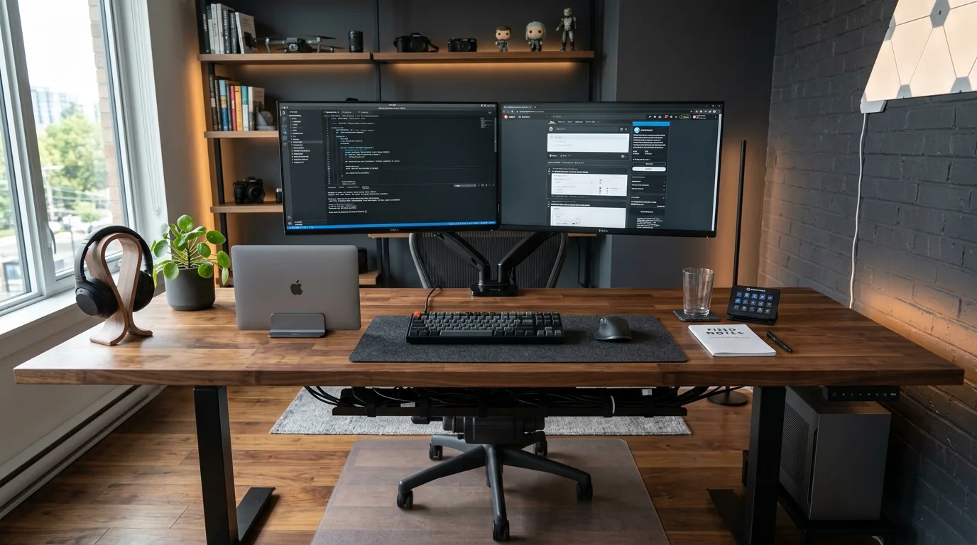 A long DIY butcher block desk supported by drawer cabinet bases, no people