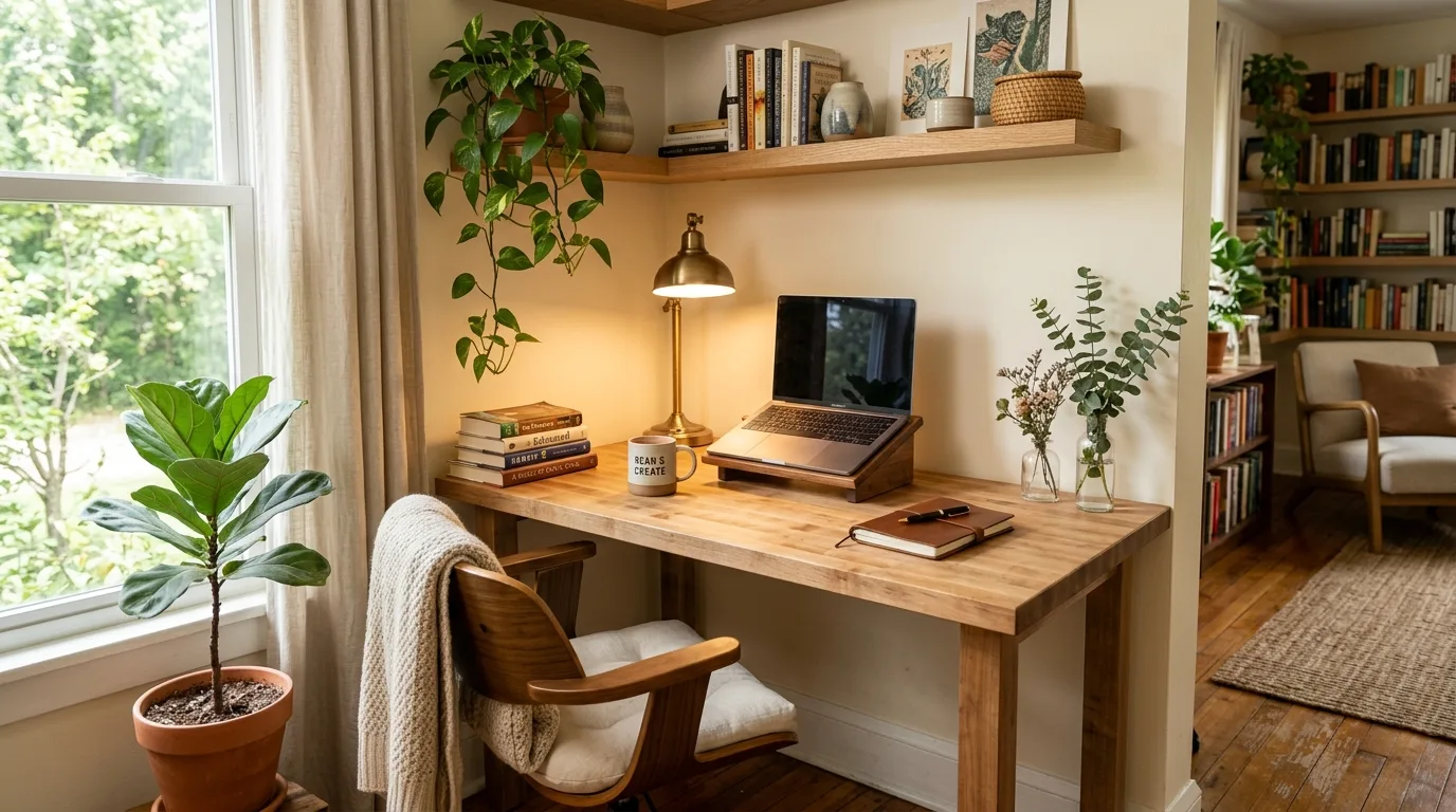 A minimal floating DIY butcher block desk for a laptop workspace, no people