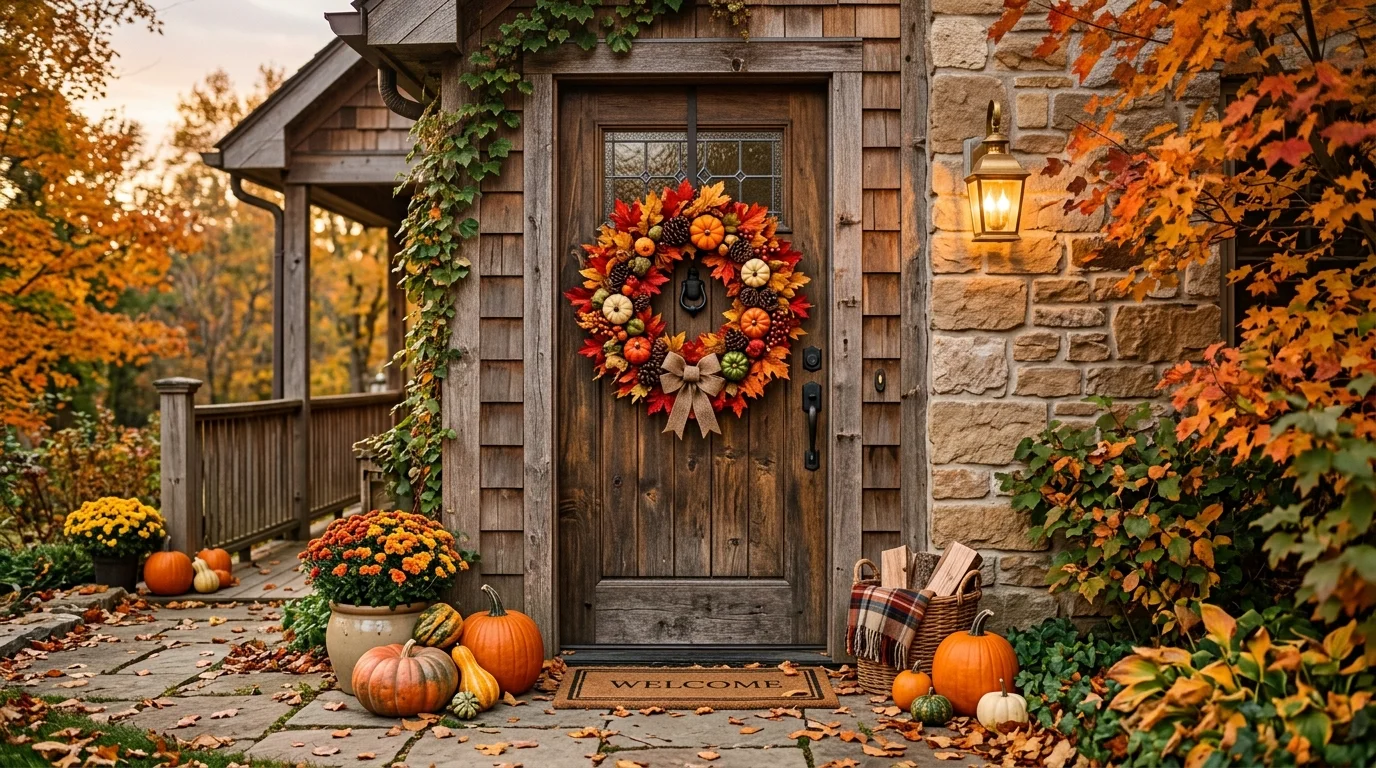 A rustic autumn front door decorated with a full wreath made of orange and red maple leaves, pinecones, and small pumpkins, rich warm tones against a wooden door, soft golden hour lighting, captured straight-on at eye level, no people