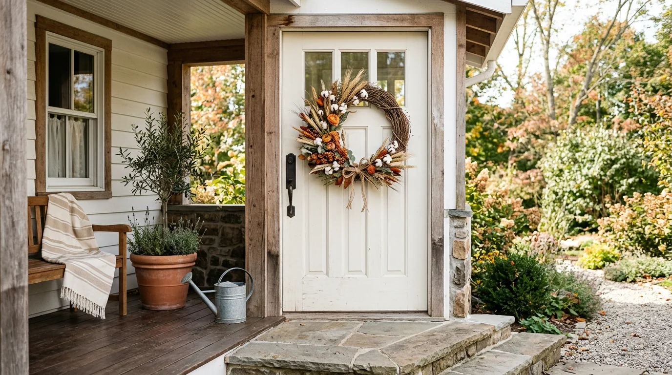 A farmhouse-style white door adorned with a grapevine wreath featuring dried wheat, cotton stems, and muted orange florals, neutral earthy color palette, bright natural daylight, shot from a slightly angled perspective, no people