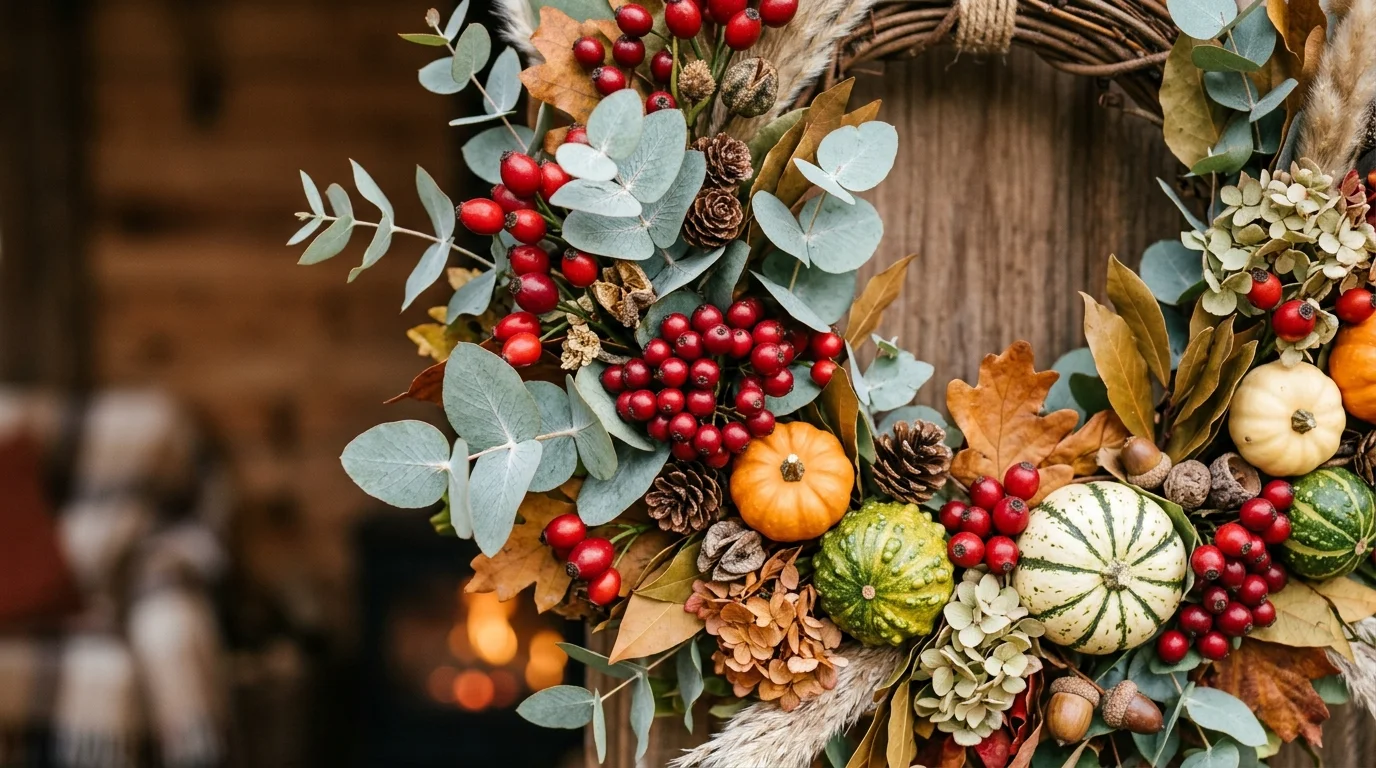 A close-up of a lush Thanksgiving wreath made of deep red berries, eucalyptus leaves, and mini gourds, intricate textures and layered foliage, soft diffused lighting, macro-style shot highlighting details, no people