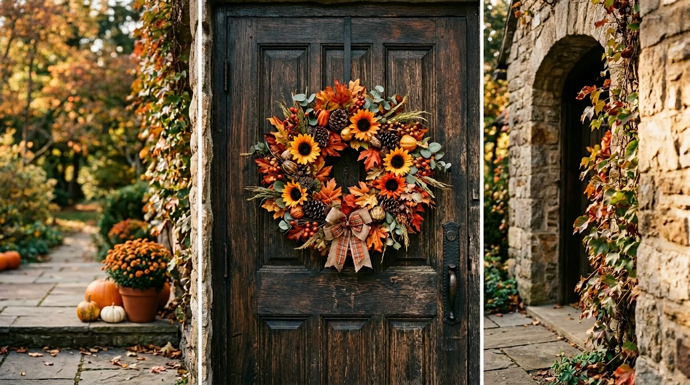 A dark wooden door with a bold wreath of vibrant fall foliage including burnt orange leaves, sunflowers, and pinecones, rich contrast and depth, warm afternoon sunlight, captured from a centered composition, no people
