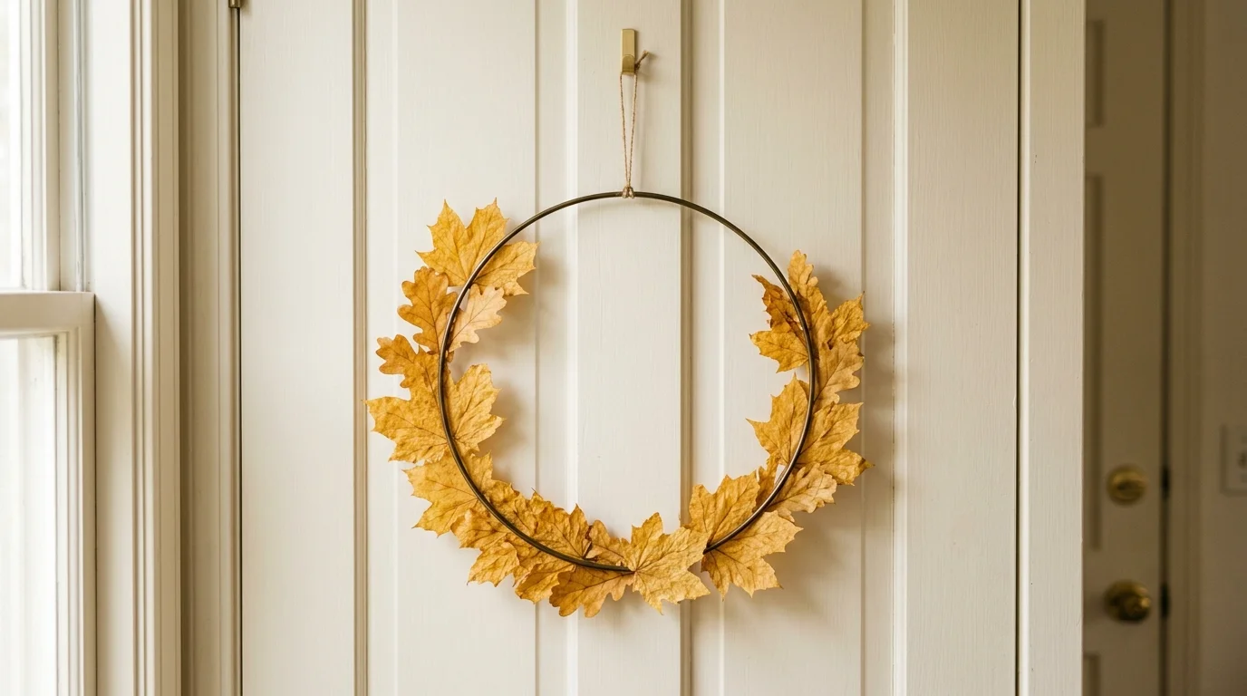 A minimalist autumn wreath made of simple golden leaves arranged in a circular metal frame, clean modern aesthetic, light-colored door background, soft natural light, photographed straight-on, no people