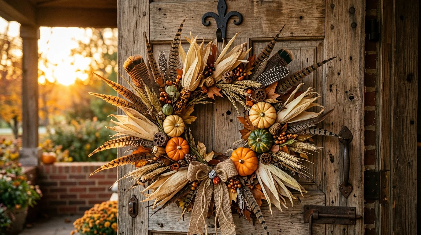 A traditional Thanksgiving wreath with a mix of dried corn husks, feathers, and small pumpkins, rustic textures and earthy tones, wooden door backdrop, warm sunset lighting, shot from a slightly low angle, no people