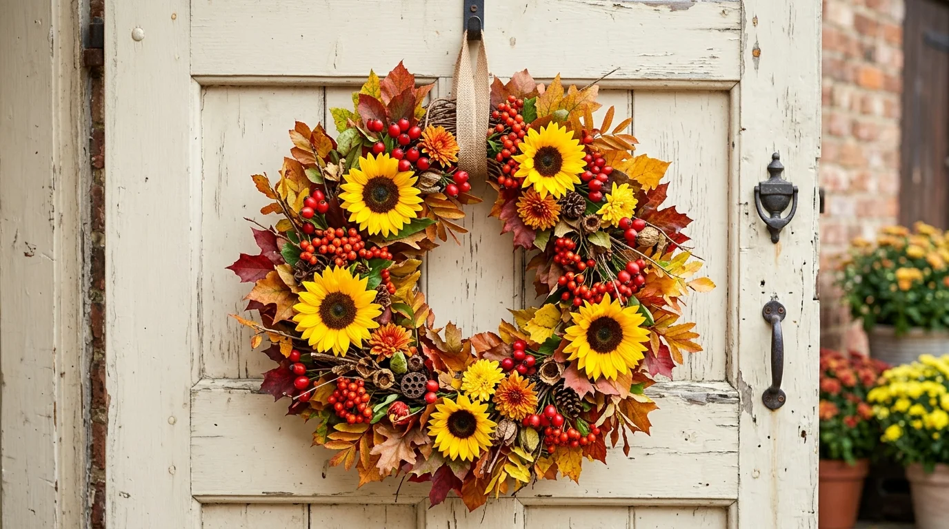 A bright and colorful wreath featuring sunflowers, red berries, and autumn leaves arranged densely, vibrant yellows and reds, crisp daylight enhancing colors, captured from a front-facing perspective, no people
