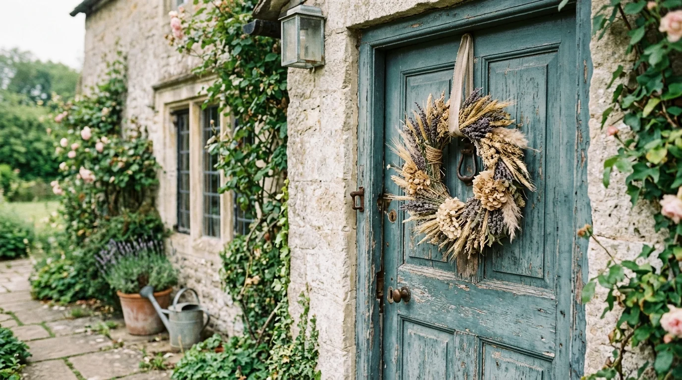 A vintage-style door with a weathered wreath made of dried lavender, wheat, and soft beige florals, muted tones and rustic charm, soft morning light, photographed from a slightly off-center angle, no people