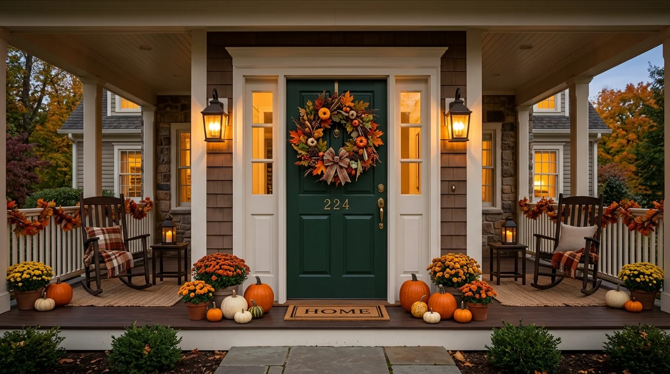 A symmetrical front porch scene with a large wreath of mixed fall foliage and pinecones on a deep green door, flanked by small pumpkins on either side, warm golden light creating a welcoming mood, straight-on wide shot, no people