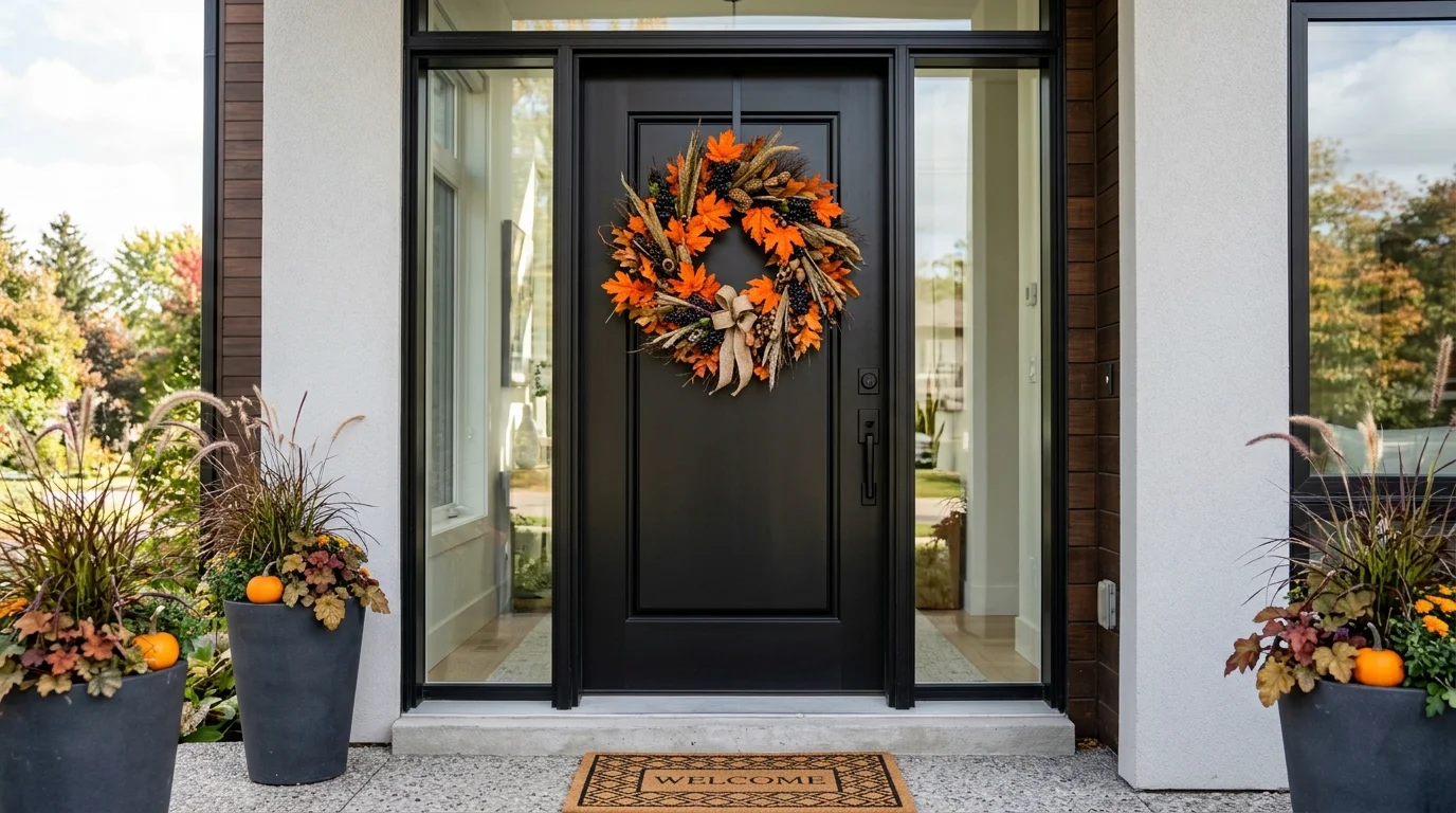 A modern black door with a bold wreath of bright orange leaves and dark berries, high contrast color palette, sleek clean lines, bright natural daylight, captured from a centered eye-level perspective, no people