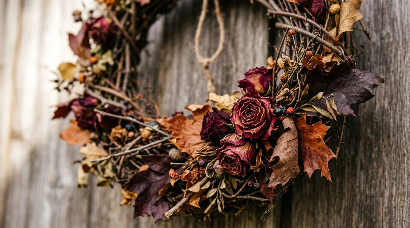 A close-up wreath made of intertwined twigs, dried roses, and autumn leaves in deep burgundy and brown tones, textured and layered composition, soft diffused lighting, macro shot with shallow depth of field, no people
