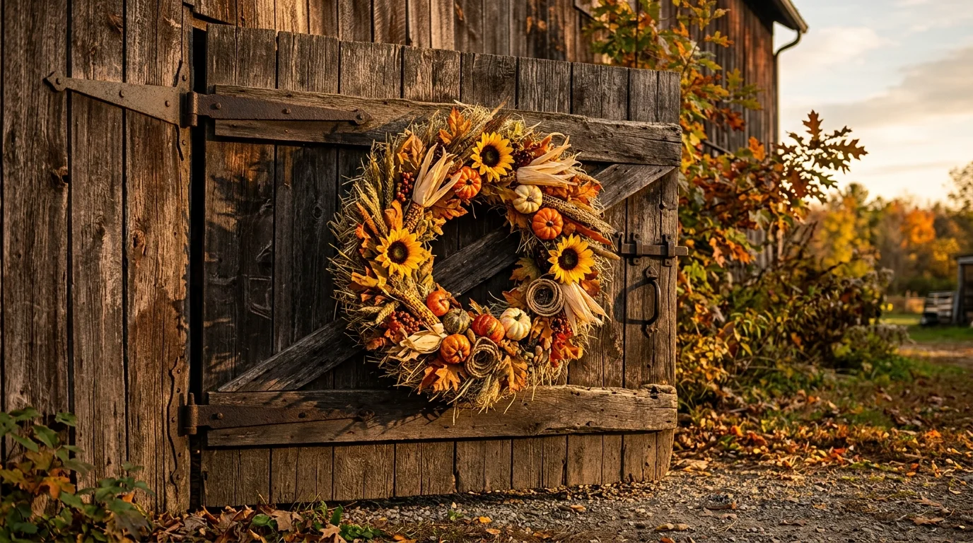 A rustic wooden barn door with a large circular wreath of hay, sunflowers, and miniature pumpkins, warm harvest colors and rough textures, late afternoon sunlight casting long shadows, photographed from a slightly low angle, no people