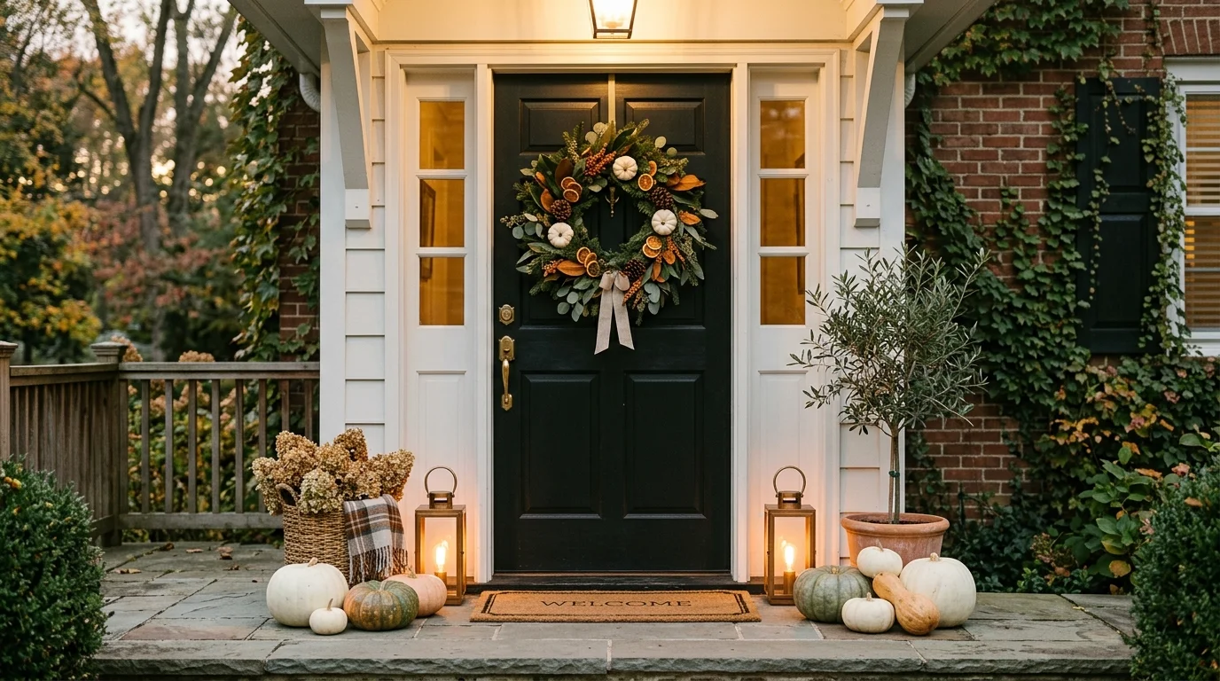 A cozy front entry with a wreath made of mixed greenery, white pumpkins, and subtle orange accents, soft neutral palette, warm ambient lighting creating a welcoming glow, captured from a straight-on perspective, no people