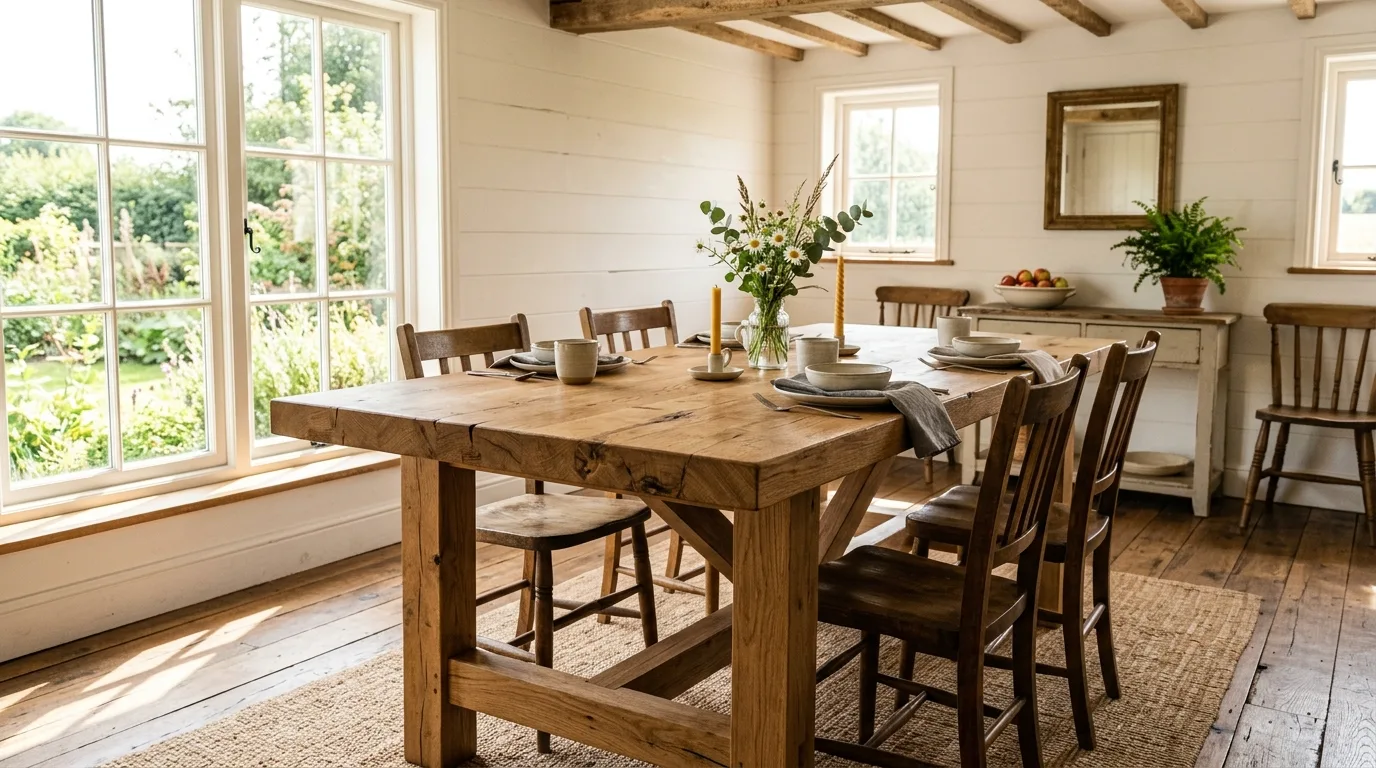 A sturdy DIY butcher block table for dining and work with a strong base, no people