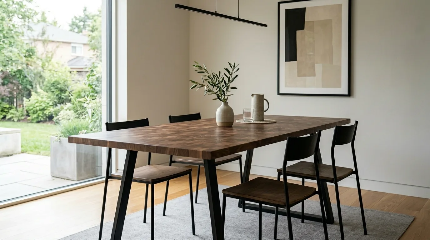 A parsons style DIY butcher block table with a thick wood slab top, no people