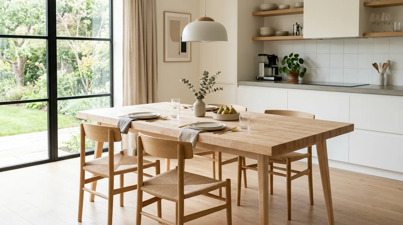 A DIY butcher block table with a black frame and richly finished top, no people