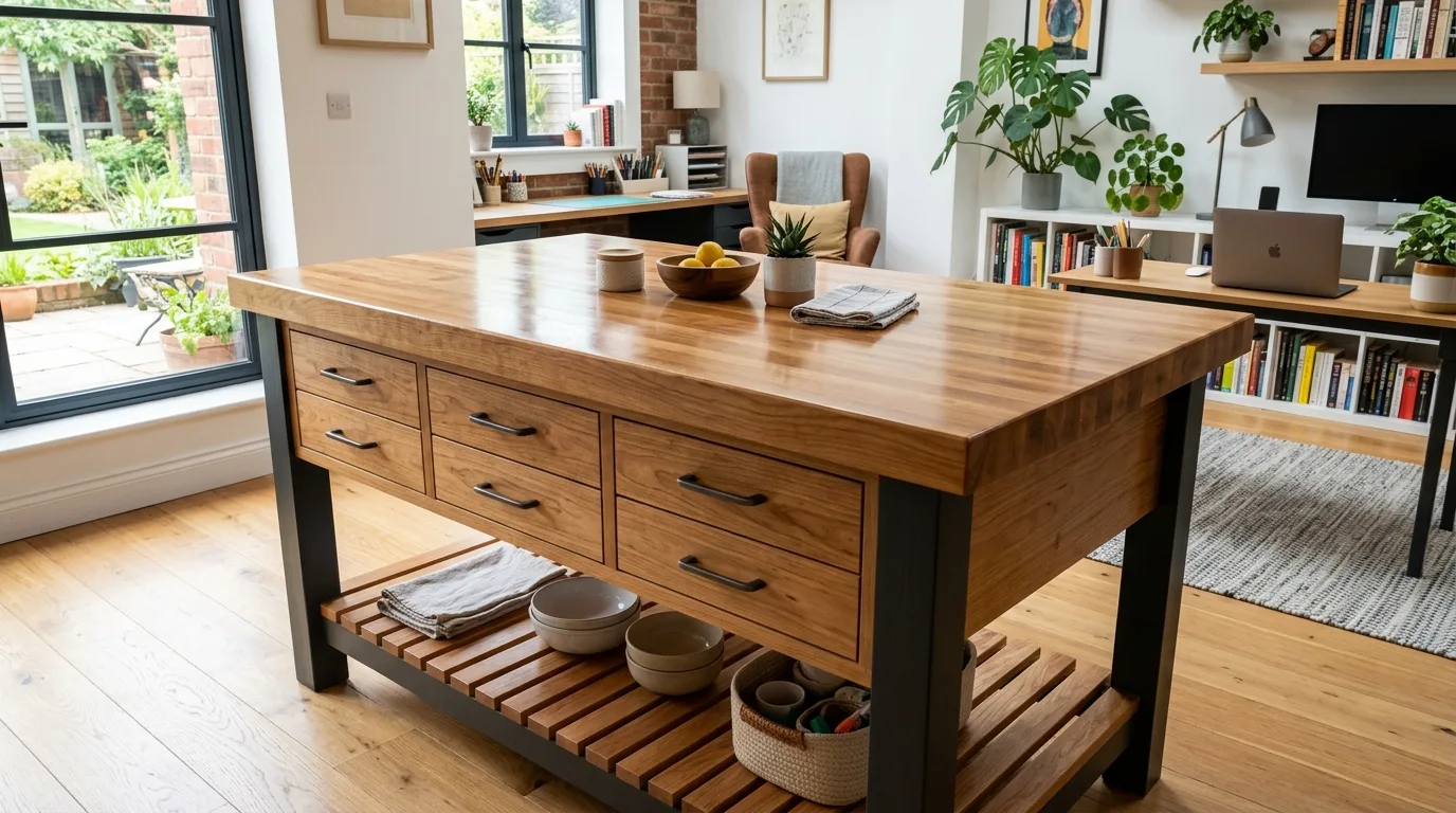 A round pedestal DIY butcher block table for dining and work, no people