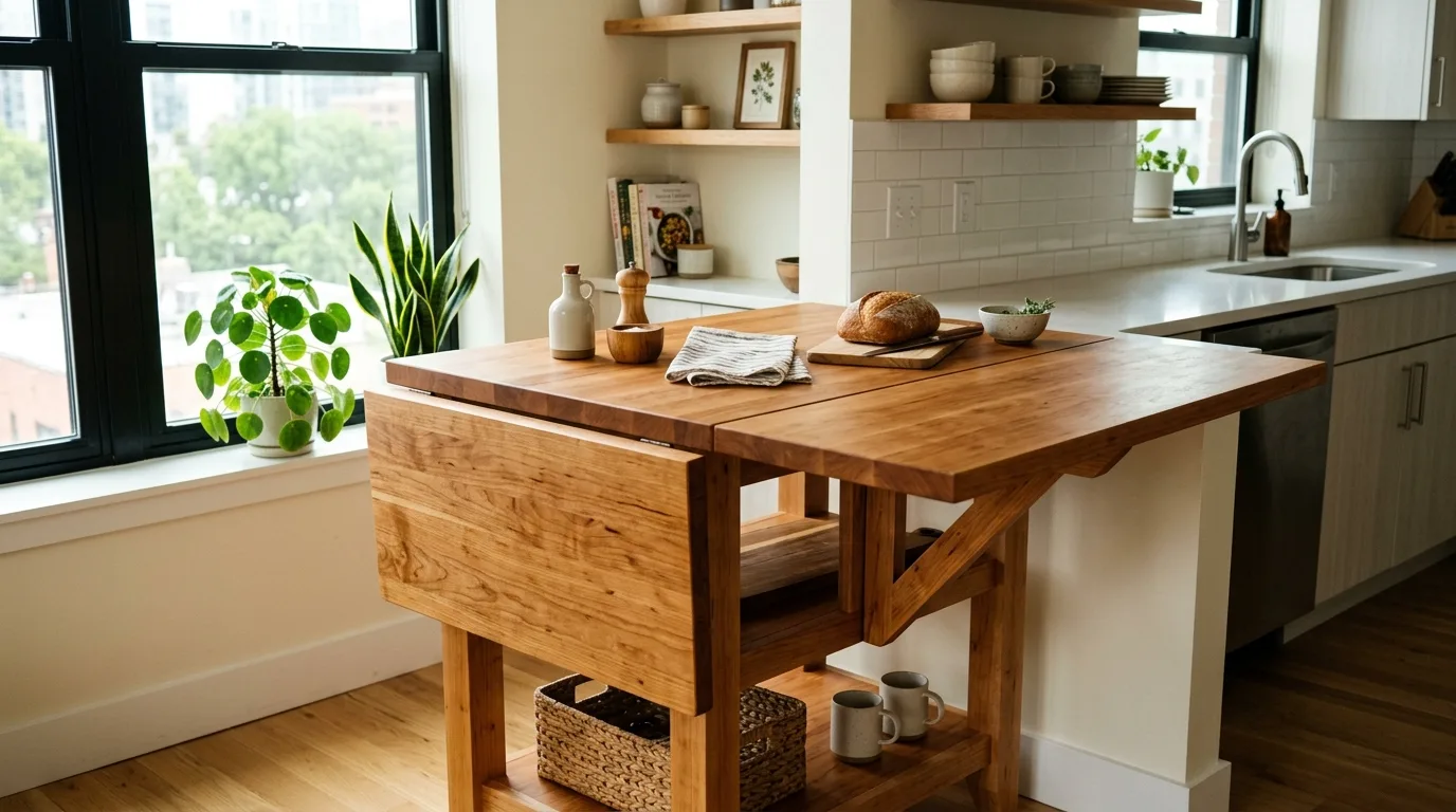A double pedestal DIY butcher block table with a formal profile, no people