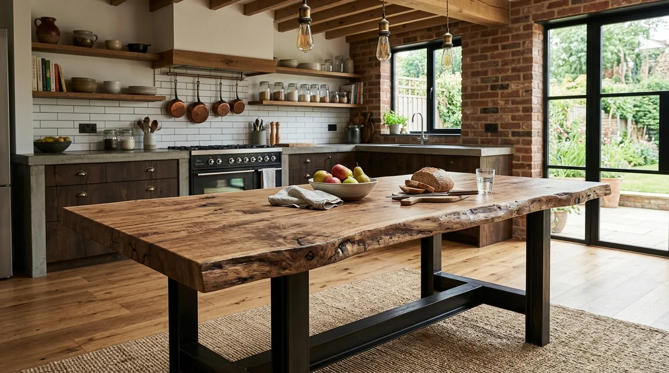 A farmhouse style DIY butcher block work table with turned legs, no people