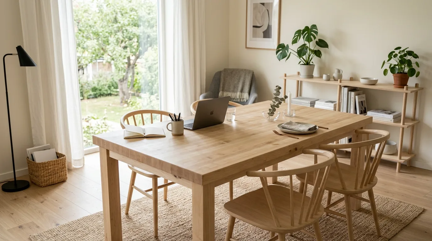 A DIY butcher block table with drawers along one side for work and dining, no people