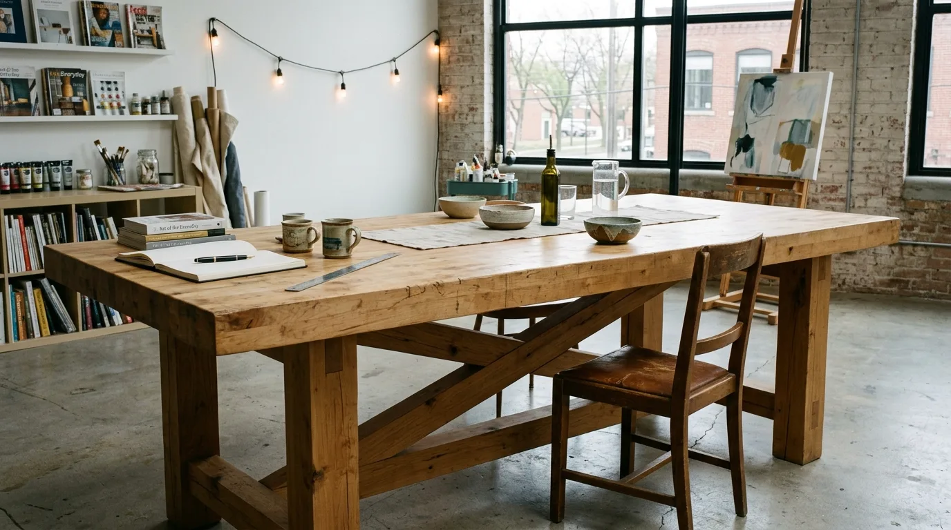 A rustic reclaimed style DIY butcher block table with softened edges, no people