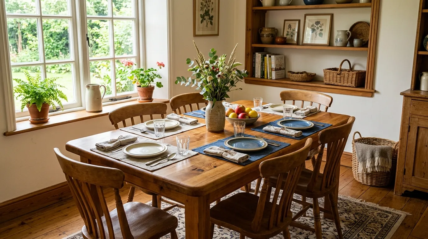 A large DIY butcher block family table with matching benches, no people
