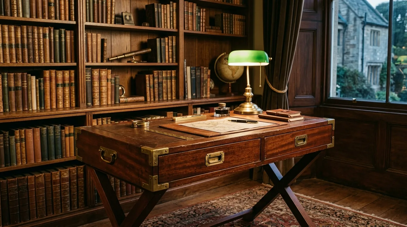 A classic DIY campaign desk with brass corner hardware, leather pulls, and dark wood tones, no people