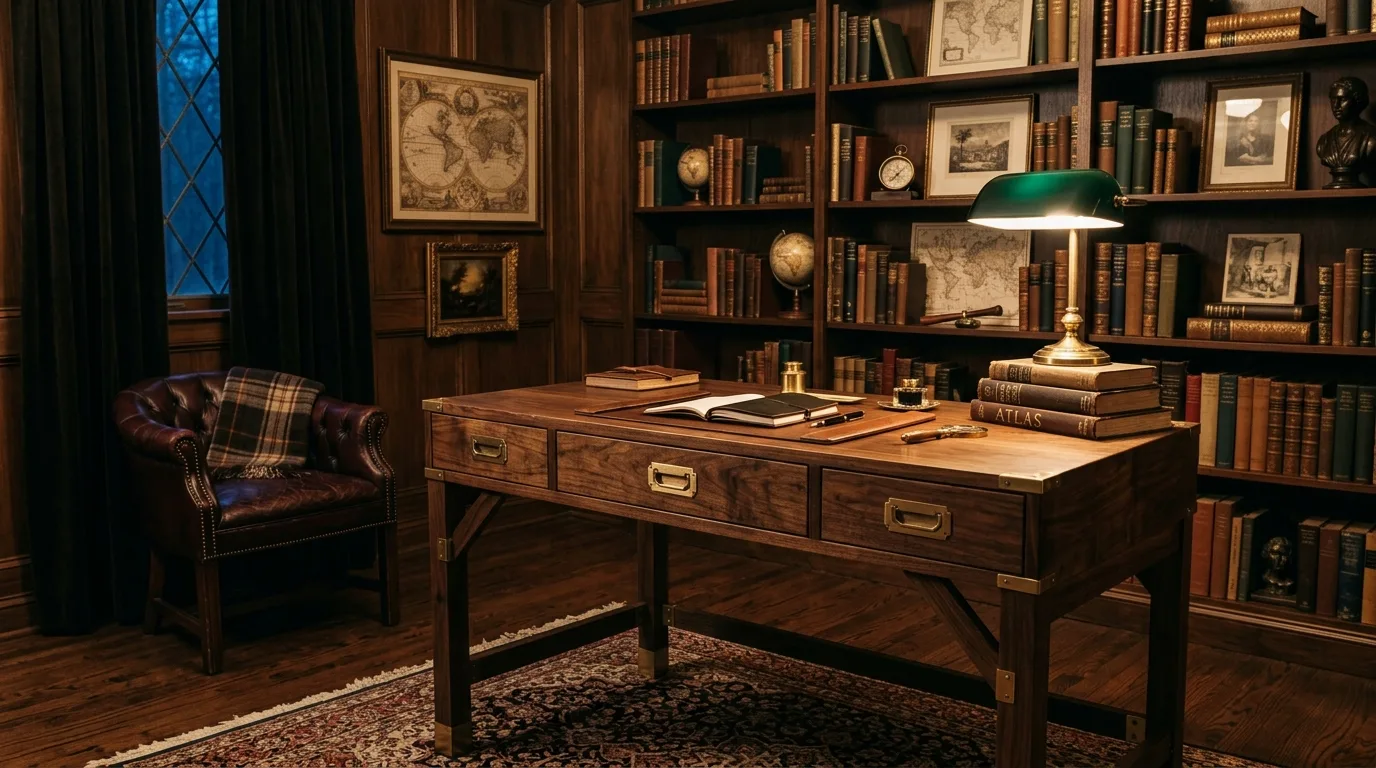 A foldable DIY campaign desk with slender legs in a compact study nook, no people