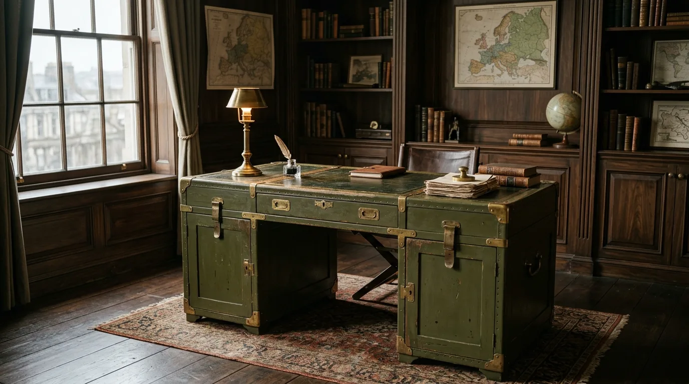 A white painted DIY campaign desk with antique brass accents, no people