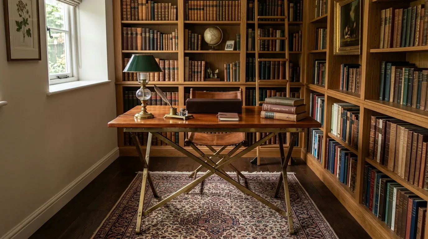 A walnut DIY campaign desk with recessed drawers and a polished top, no people