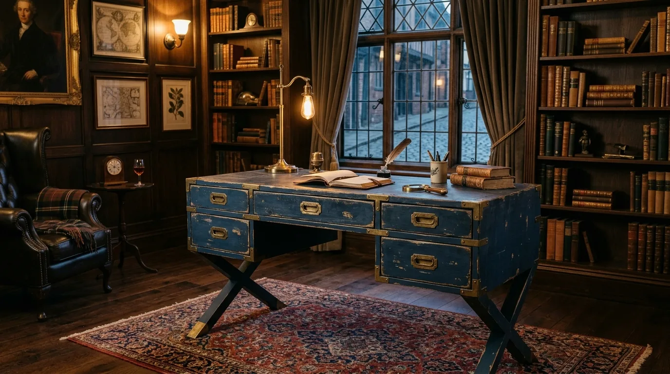A compact DIY campaign writing desk with wrapped side handles, no people