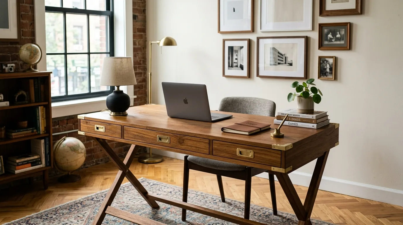 A double pedestal DIY campaign desk with vintage styling, no people