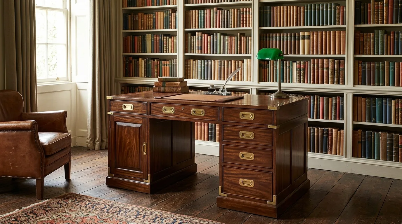 A mid tone wood DIY campaign desk styled with a cane chair, no people