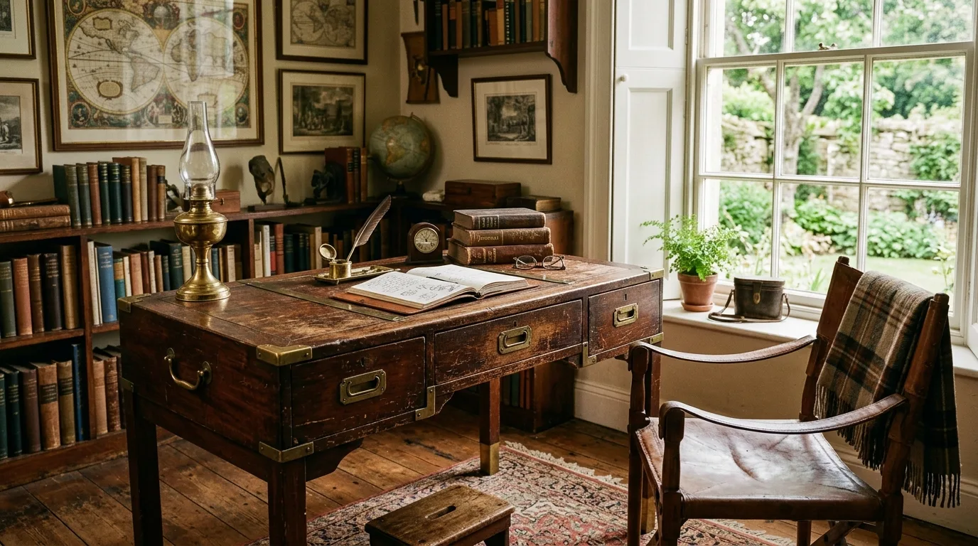 A DIY campaign desk with a hidden keyboard drawer and brass pulls, no people