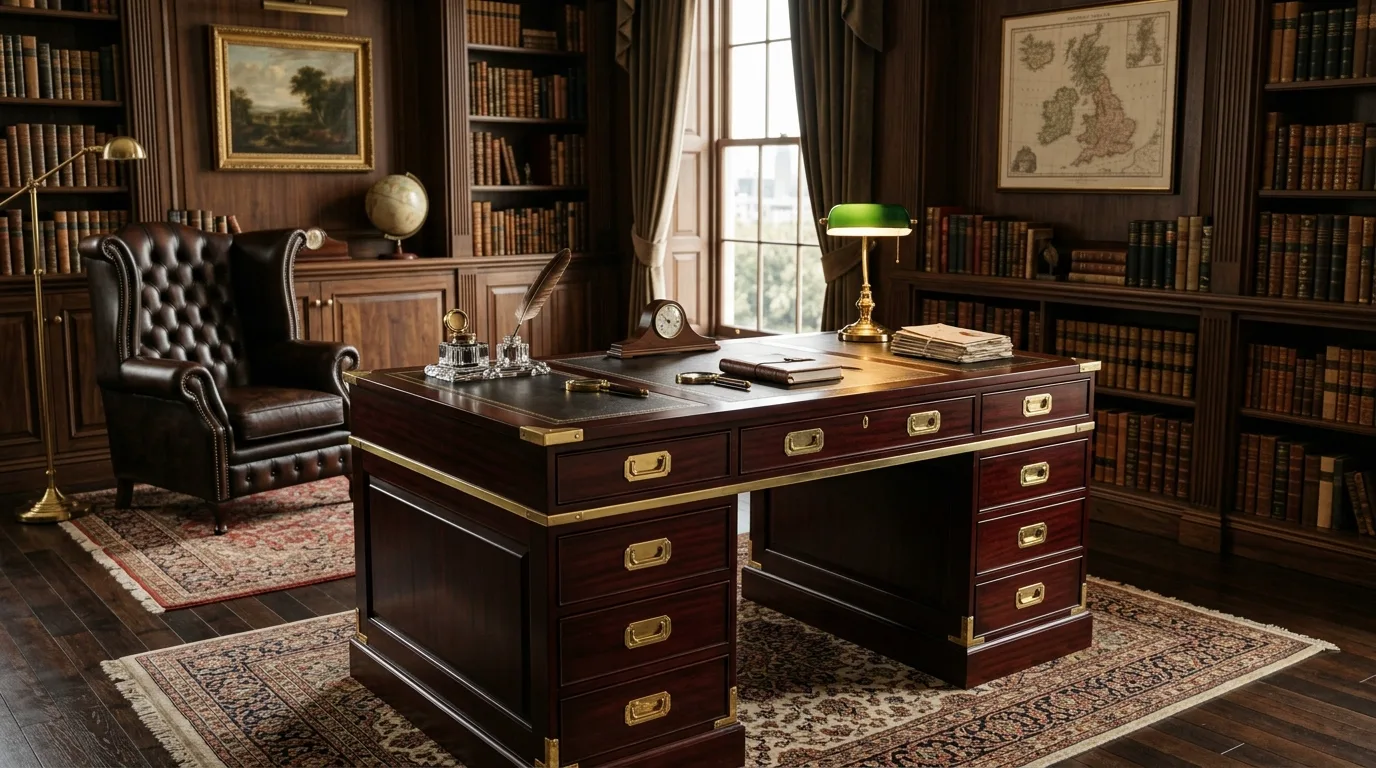 A dark green office with a DIY campaign desk and warm library lighting, no people