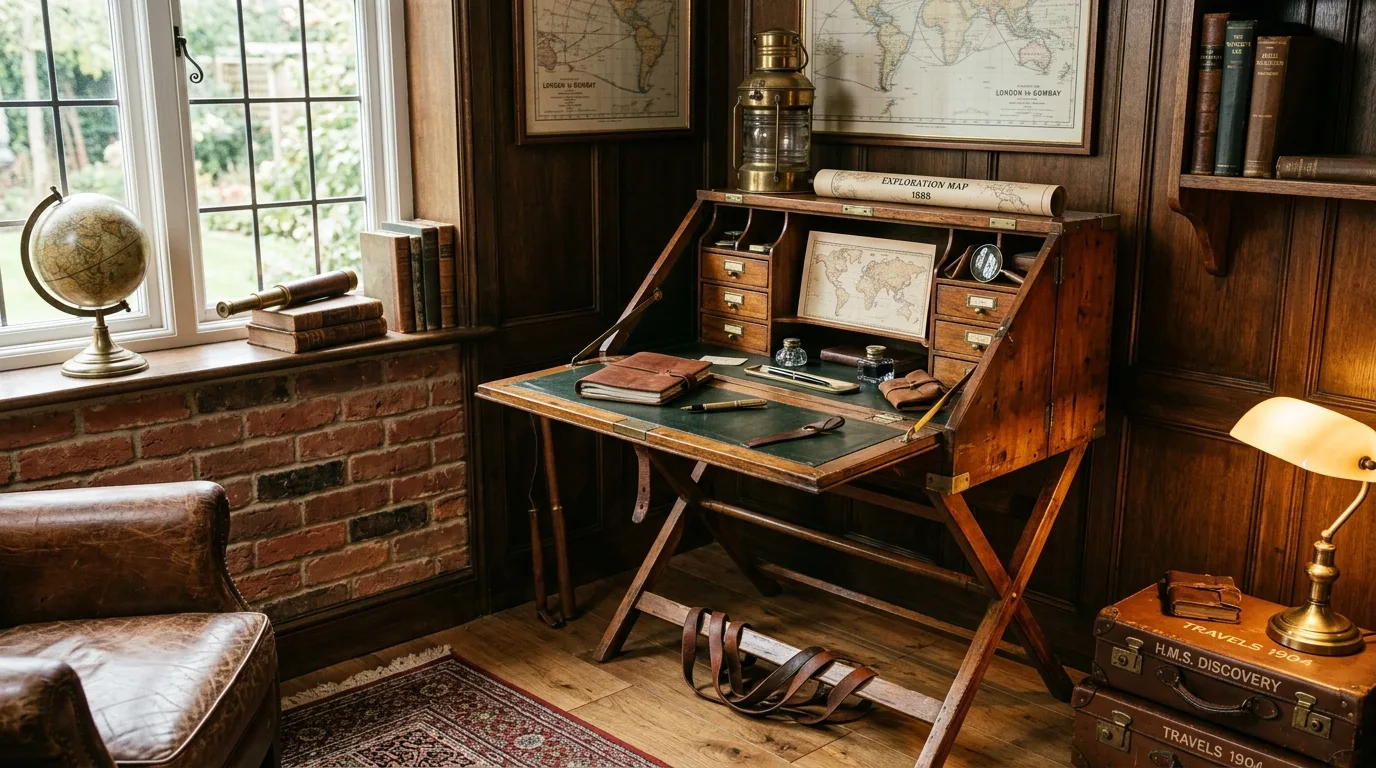 A small bedroom office DIY campaign desk with slim drawers and campaign corners, no people