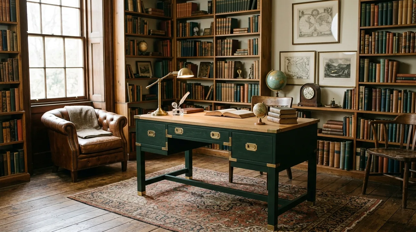 A natural oak DIY campaign desk with lighter vintage styling, no people