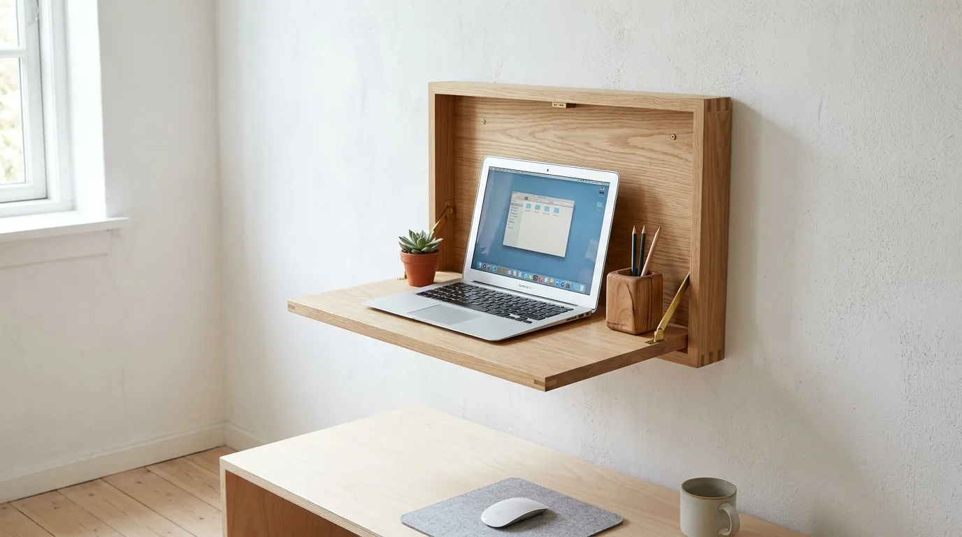 A slim DIY laptop wall mount with a fold down shelf and hidden cable channel, no people