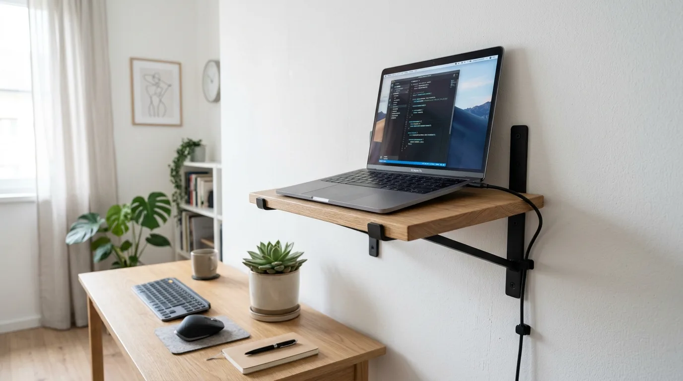 A floating DIY laptop wall mount with a narrow accessory shelf, no people