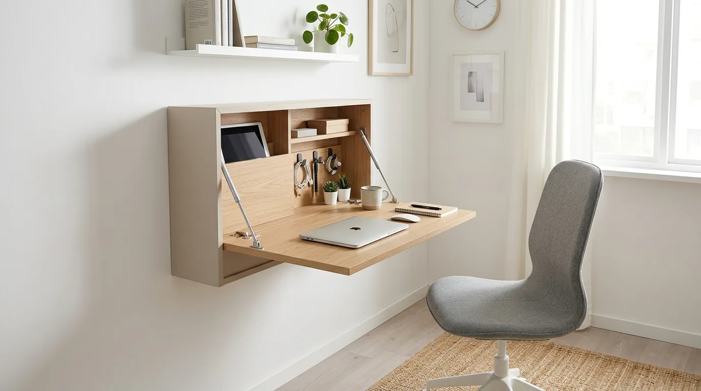 A DIY wall mounted laptop station with a peg rail and slim keyboard tray, no people