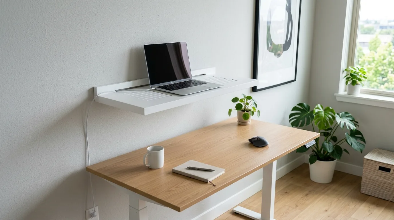 An oak DIY laptop wall mount in a narrow hallway office niche, no people