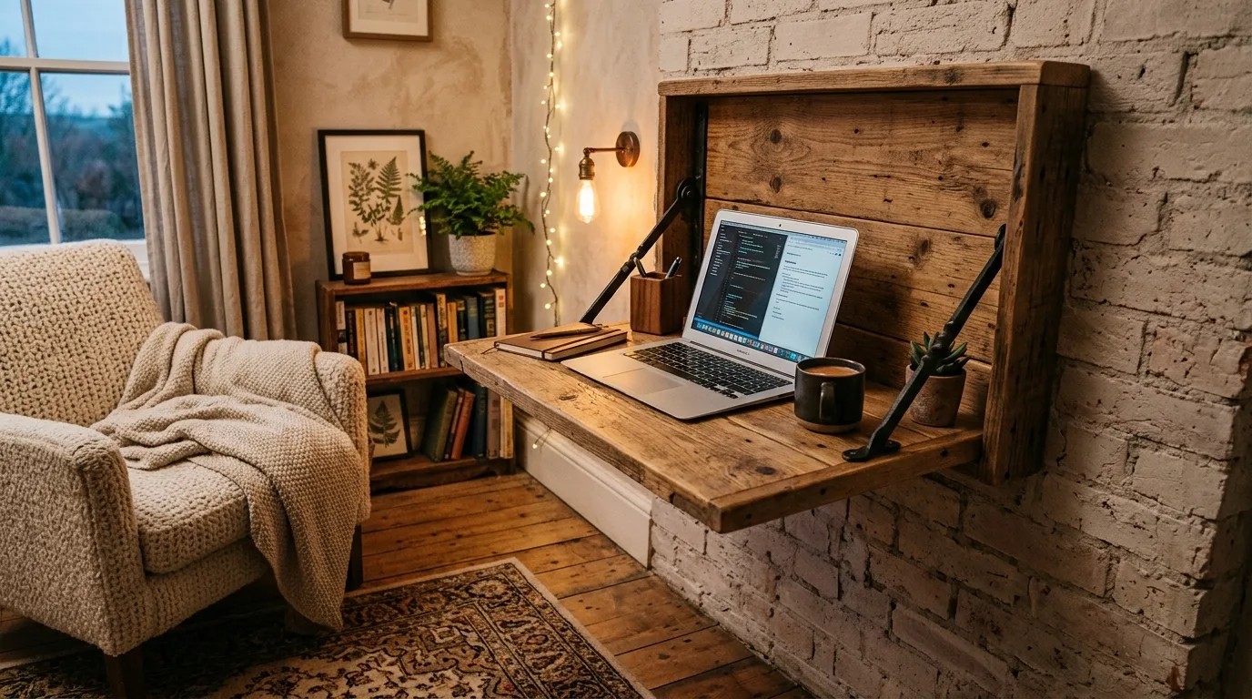 A minimal black bracket DIY laptop wall mount in a modern setup, no people