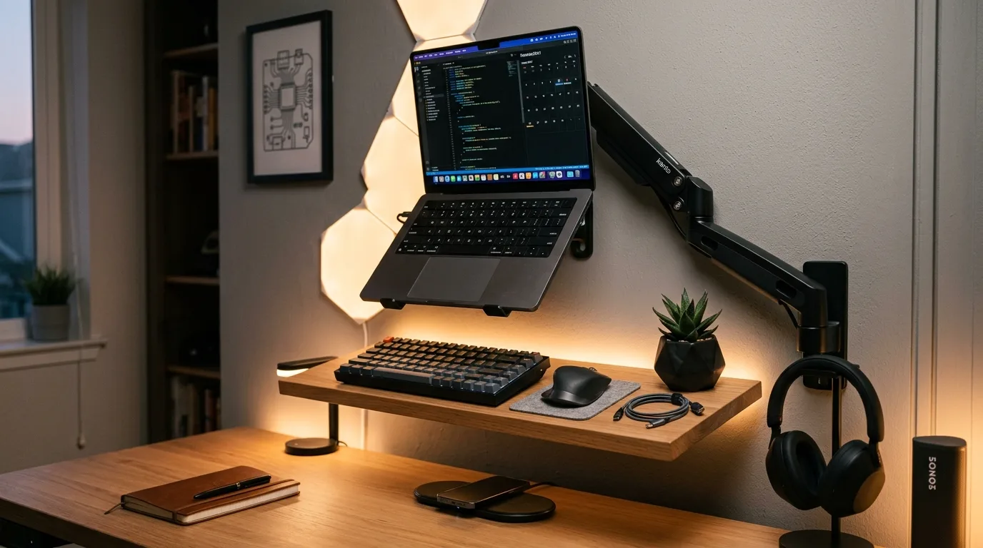 A compact corner DIY laptop wall mount shelf, no people