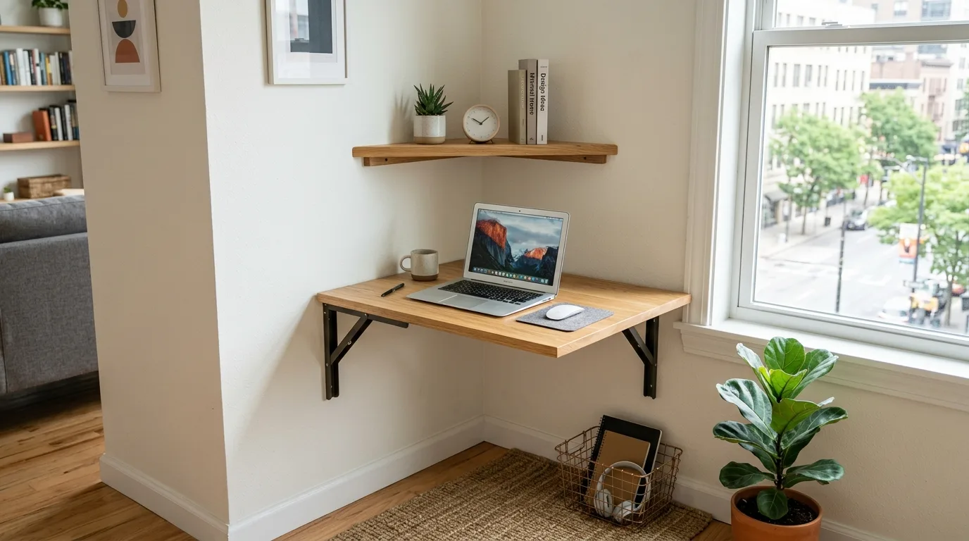 A renter friendly DIY laptop wall mount setup with a simple removable design, no people